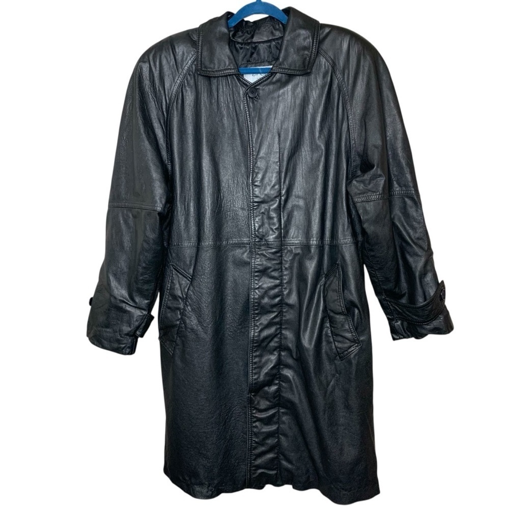 Vintage 80-90s Black Leather Trench Coat Sz M Button Front Retro Grunge Jacket